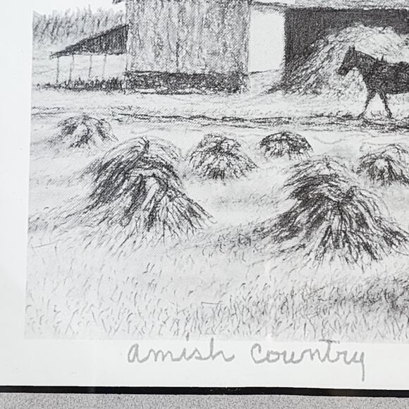 Vintage Amish Country Pencil Drawing Print Signed JO K0 10x12 Barn Horse Buggy - Picture 5 of 14